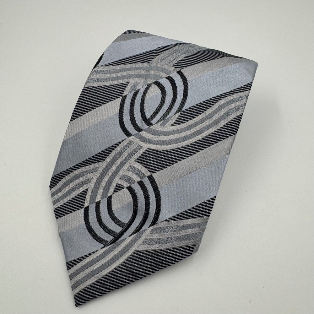 STEVEN LAND‎ Men's Silk Blend Necktie Silver Black Geometric Pattern Formal